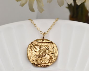 Gold Owl Pendant Necklace with Athena Symbol. Greek Coin Replica Necklace. Warrior Goddess Pendant. Jewelry Gifts for Women.