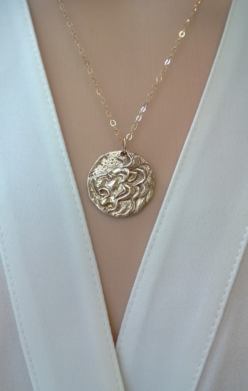 Gold Lion Pendant Necklace. Leo Zodiac Necklace. Gold Coin Pendant. Amulet Necklace, Gift for Girls or Women image 5