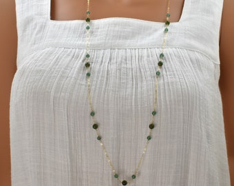Long Gold Necklace with Green Gemstone Beads. Jade and Aventurine Beaded 36 inch Necklace. Dainty Opera Length Chain with Natural Gemstones.