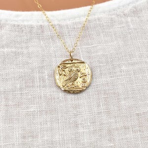 Gold Owl Pendant Necklace with Athena Symbol. Greek Coin Replica Necklace. Warrior Goddess Pendant. Jewelry Gifts for Women.