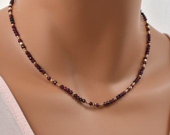 Red Garnet Necklace with Gold Beads. January Birthstone with 14K Gold Filled. Beaded Gemstone Necklace. Genuine Garnet Jewelry for Women.