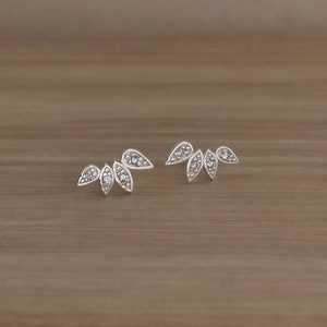Sterling Silver Leaf Stud Earrings with Cubic Zirconia. Flower Petal Stud Earrings. Small Teardrop Geometric Studs. Nature Inspired Jewelry.
