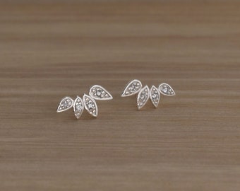 Sterling Silver Leaf Stud Earrings with Cubic Zirconia. Flower Petal Stud Earrings. Small Teardrop Geometric Studs. Nature Inspired Jewelry.