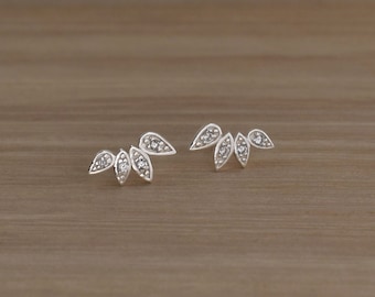 Sterling Silver Petal Stud Earrings: Cubic Zirconia Leaf Vine Design