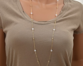 Long Gold Necklace with White Quartz Beads. 36 Inch White and Gold Beaded Necklace. Opera Length Necklace, 14Kt Gold Filled and Gemstone.