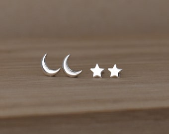 Moon and Star Stud Earrings in Sterling Silver. Stud Earring Set of Two Pairs. Solid 925 Sterling Jewelry Gifts for Girls and Women.