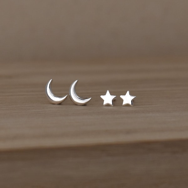 Moon and Star Stud Earrings in Sterling Silver. Stud Earring Set of Two Pairs. Solid 925 Sterling Jewelry Gifts for Girls and Women.