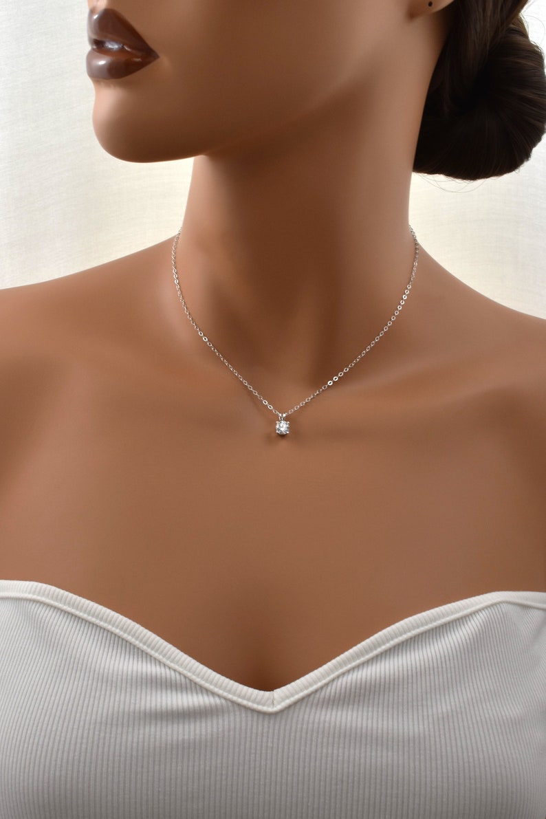 Sterling Silver Cubic Zirconia Pendant Necklace. Small Simulated Diamond. Round Cut, Faceted Zirconia Gemstone. Simple, Elegant Necklace. image 3