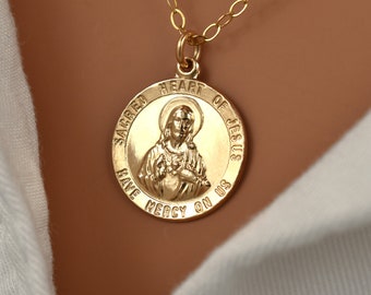 Gold Jesus Pendant Necklace. Christian Necklaces for Women. Sacred Heart of Jesus Medallion in High Quality 14K Gold Filled. Christian Gifts