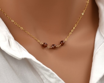 Gold Hessonite Garnet Necklace. January Birthstone Necklace for Women. Red Orange Genuine Garnet Gemstones. Three Bead Necklace.