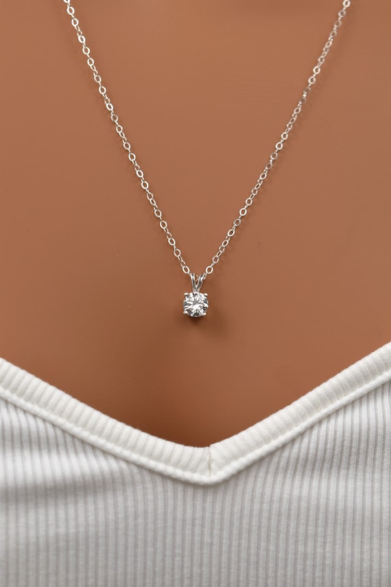 Sterling Silver Cubic Zirconia Pendant Necklace. Small Simulated Diamond.  Round Cut, Faceted Zirconia Gemstone. Simple, Elegant Necklace. - Etsy