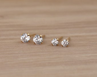 Gold Cubic Zirconia Stud Earring Set. 4mm and 3mm Gold Studs. Small CZ Diamond Stud Earrings. Jewelry Gifts for Girls & Women