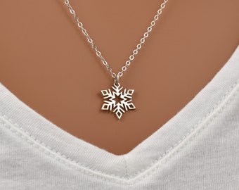 Sterling Silver Snowflake Pendant Necklace. Dainty Chain Minimalist Necklace. Solid 925 Silver Necklaces for Women. Winter Themed Jewelry.