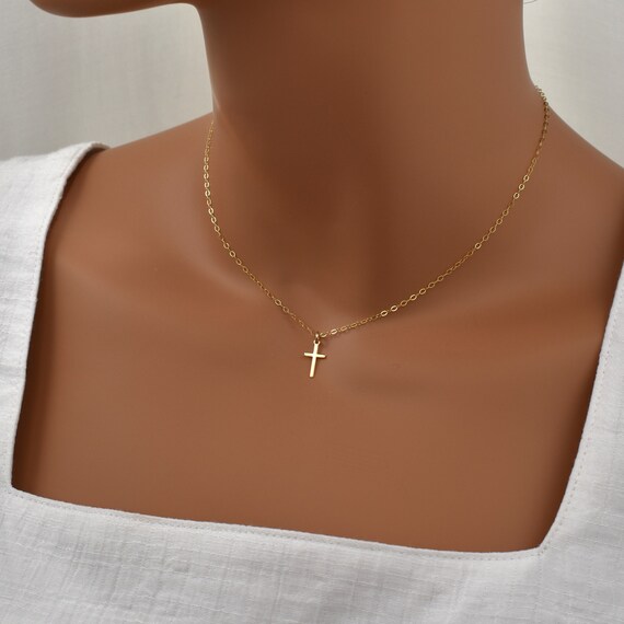 Buy 14K Tiny Yellow or White Solid Gold Cross Chain Pendant.small Pearl  Necklace. Classy Women Cross Casual Charm Necklace. Online in India - Etsy