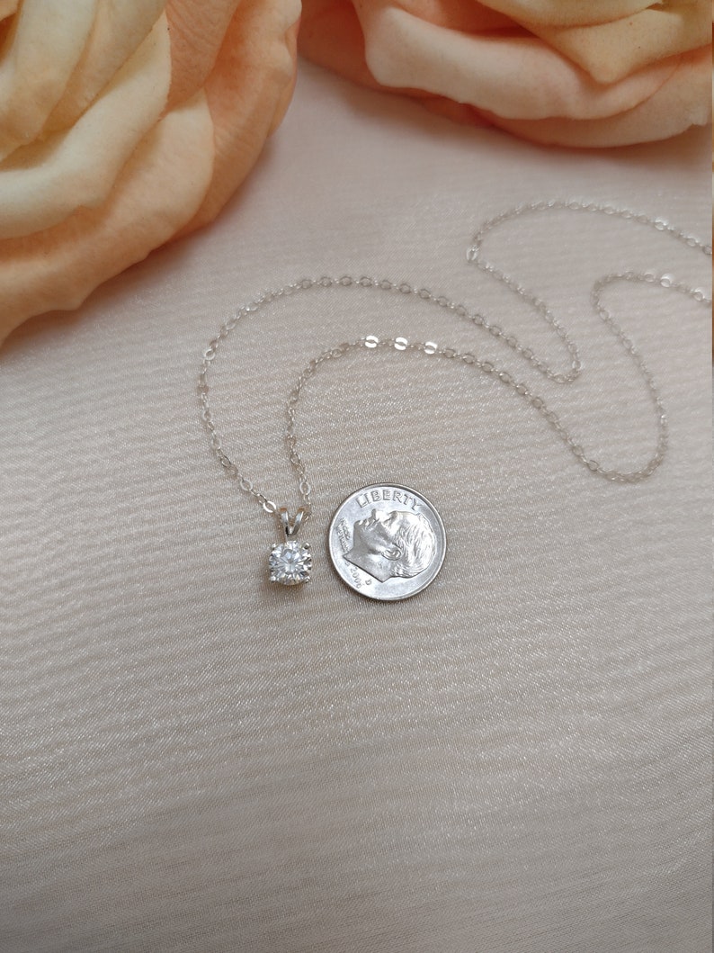 Sterling Silver Cubic Zirconia Pendant Necklace. Small Simulated Diamond. Round Cut, Faceted Zirconia Gemstone. Simple, Elegant Necklace. image 8