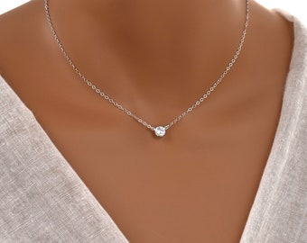 Sterling Silver Cubic Zirconia Necklace. Dainty Simulated Diamond Necklace. Solid 925 Silver Jewelry. Small CZ Pendant. Gifts for Women.