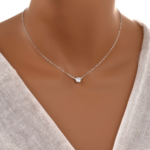 Sterling Silver Cubic Zirconia Necklace. Dainty Simulated Diamond Necklace. Solid 925 Silver Jewelry. Small CZ Pendant. Gifts for Women.