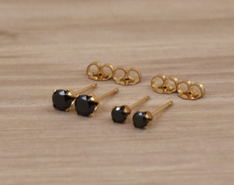 Black Cubic Zirconia Earrings in 14K Gold Filled. Black Stone Stud Earrings. 4mm and 3mm Stud Earring Set. Black and Gold Earrings.