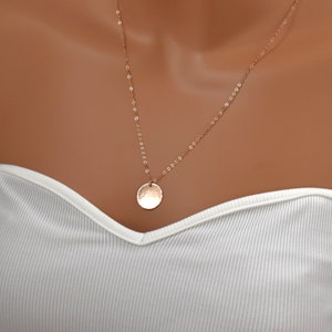 Rose Gold Circle Pendant Necklace. Long Necklace with Hammered Disk. Full Moon Pendant. Elegant Minimalist Jewelry