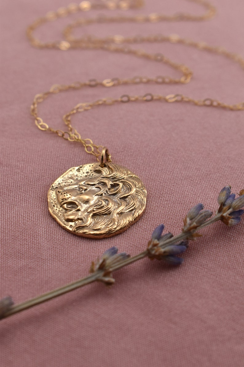 Gold Lion Pendant Necklace. Leo Zodiac Necklace. Gold Coin Pendant. Amulet Necklace, Gift for Girls or Women image 4