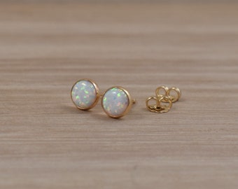 Opal Stud Earrings in Gold. Small, 14k Gold Filled White Opal Earrings. October Birthstone Jewelry. Round Gemstone Bezel Earrings.