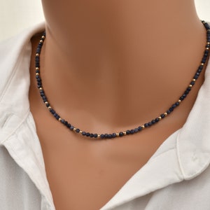 Sapphire Necklace with Gold Beads. Natural Blue Gemstone Collar Necklace. September Birthstone Necklace with Genuine Sapphire. 2