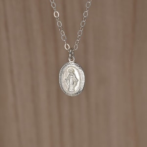 Virgin Mary Necklace in Sterling Silver. Miraculous Medal Necklace. Virgin Mary Pendant. Small Catholic Medal. Christian Gifts for Women.
