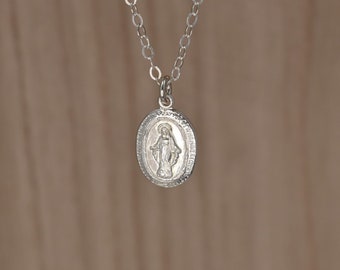 Virgin Mary Necklace in Sterling Silver. Miraculous Medal Necklace. Virgin Mary Pendant. Small Catholic Medal. Christian Gifts for Women.