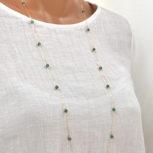 Long Gold Necklace with Green Aventurine Beads; 36 Inch Gold Filled Chain Necklace; Opera Length Chain with Small Green Gemstones