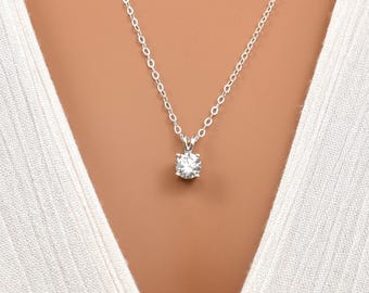 Sterling Silver Cubic Zirconia Pendant Necklace. Small Simulated Diamond. Round Cut, Faceted Zirconia Gemstone. Simple, Elegant Necklace.