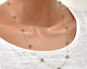 Green Aventurine Beaded Necklace with Gold Chain: Gemstone Necklace, Long and Short Lengths