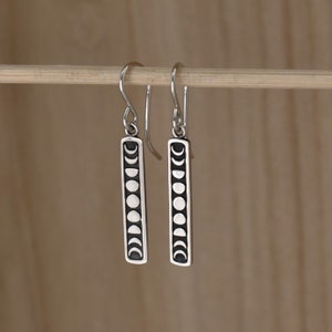 Moon Phases Dangle Earrings in Sterling Silver. Moon Drop Earrings. Rectangle Drop with Crescent and Full Moons Minimalist Bohemian Jewelry
