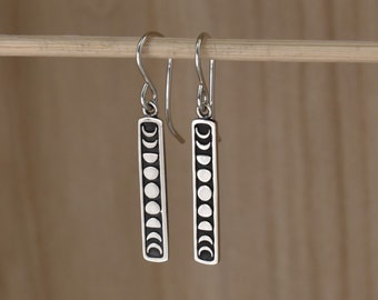 Moon Phases Dangle Earrings in Sterling Silver. Moon Drop Earrings. Rectangle Drop with Crescent and Full Moons Minimalist Bohemian Jewelry
