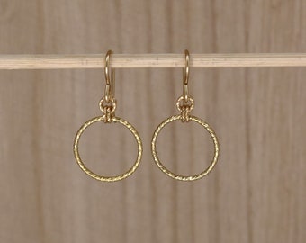 Gold Circle Drop Earrings. Simple Gold Dangle Earrings. 14Kt Gold Filled Earrings for Women. Gold Sparkle Hoop Earrings. Minimalist Jewelry.