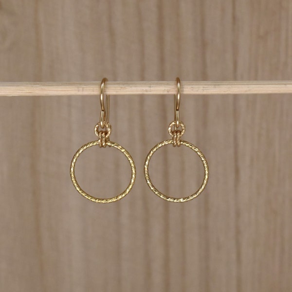 Gold Circle Drop Earrings. Simple Gold Dangle Earrings. 14Kt Gold Filled Earrings for Women. Gold Sparkle Hoop Earrings. Minimalist Jewelry.