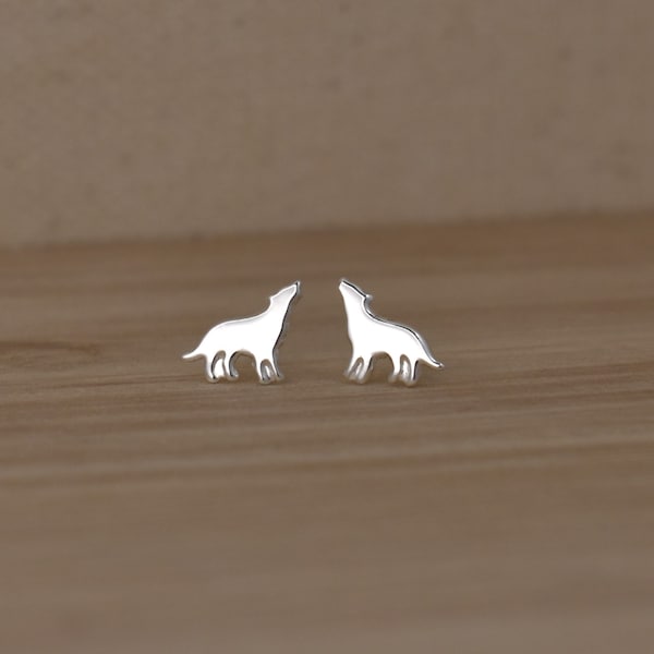 Sterling Silver Wolf Stud Earrings. Small Silver Studs with Howling Wolf. Cute Animal Stud Earrings for Women. Unique, Minimalist Studs.