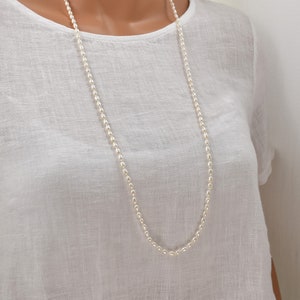 Knotted Pearl Necklace. Genuine Freshwater Pearls. Long or Choker Pearl Necklace. June Birthstone Jewelry. Opera Length, Oval Rice Pearls.