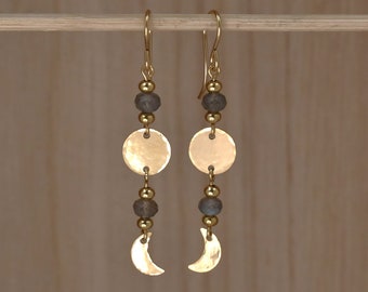 Long Gold Dangle Earrings with Crescent Moon Charms. Artistic Earrings. Long Beaded Earrings. 70s Style Hippie Earrings. Gold Boho Earrings.