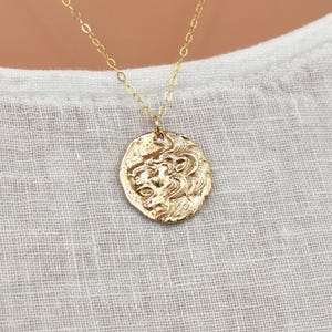 Gold Lion Pendant Necklace. Leo Zodiac Necklace. Gold Coin Pendant. Amulet Necklace, Gift for Girls or Women