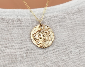 Gold Lion Pendant Necklace: 14kt Gold-Filled and Bronze Leo Zodiac Amulet