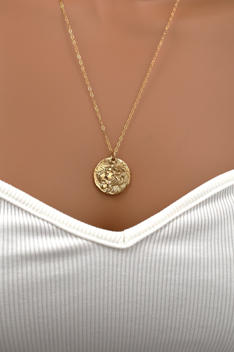 Gold Lion Pendant Necklace. Leo Zodiac Necklace. Gold Coin Pendant. Amulet Necklace, Gift for Girls or Women image 1