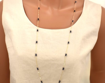 Collana lunga riempita d&#39;oro: perle di zaffiro naturale, lunghezza 36 pollici
