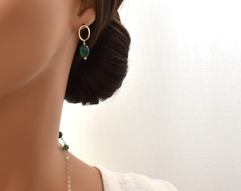 Green Gemstone Drop Earrings in Gold. Oval Studs with Emerald Green Aventurine. Dark Green Stone Earrings. Elegant, Artistic Boho Earrings.