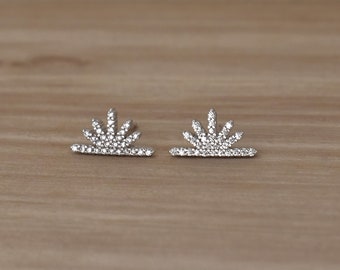 Sterling Silver Sun Stud Earrings with Cubic Zirconia. Rising Sun Earrings in 925 Silver. Sunburst Sun Rays Earrings. Unique Stud Earrings.