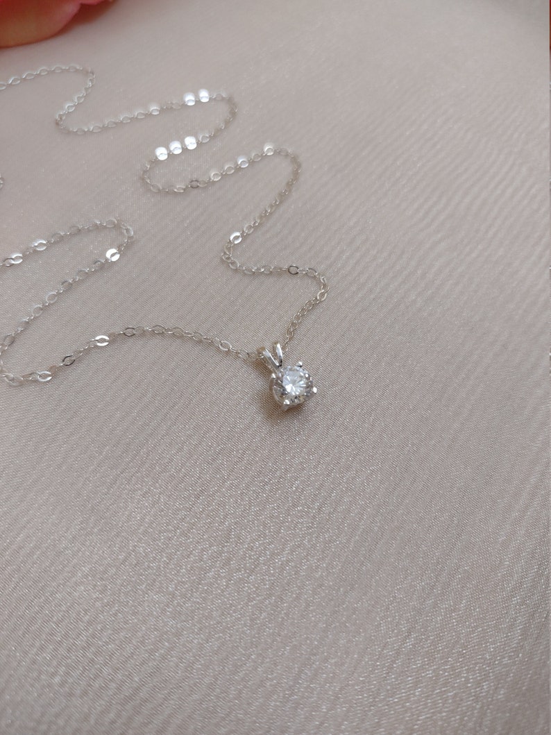 Sterling Silver Cubic Zirconia Pendant Necklace. Small Simulated Diamond. Round Cut, Faceted Zirconia Gemstone. Simple, Elegant Necklace. image 5
