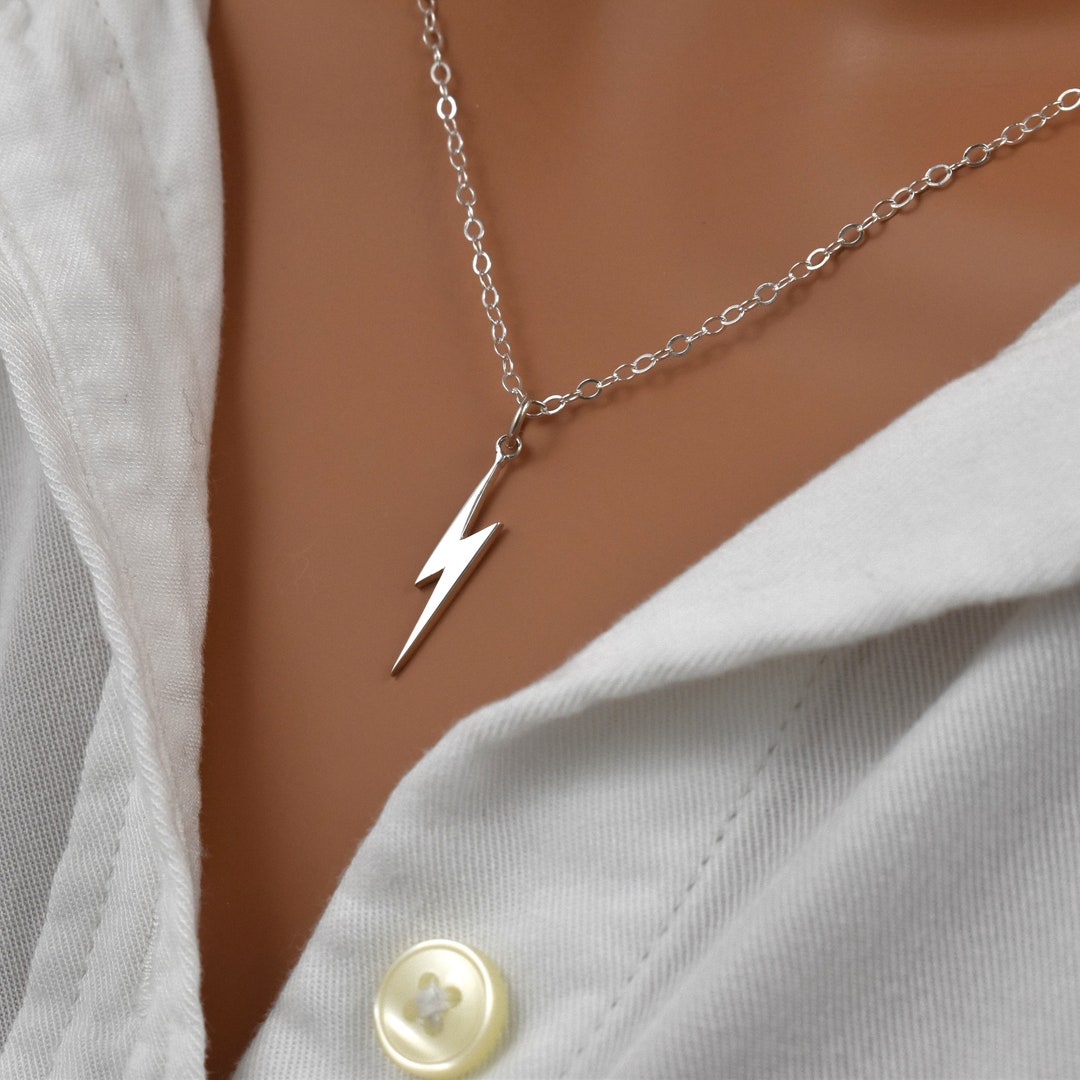 Sterling Silver Lightning Bolt Charm Necklace. Dainty Silver Chain