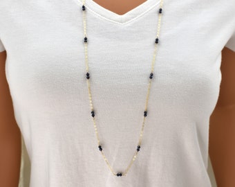 Long Gold Necklace with Natural Sapphire Beads; 36 Inch Gold Filled Necklace; Opera Length Chain with Small, Dark Blue Gemstones