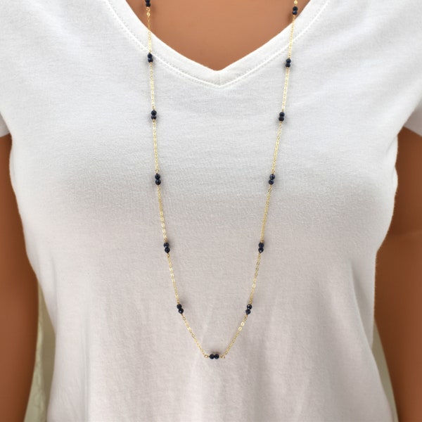 Long Gold Necklace with Natural Sapphire Beads; 36 Inch Gold Filled Necklace; Opera Length Chain with Small, Dark Blue Gemstones