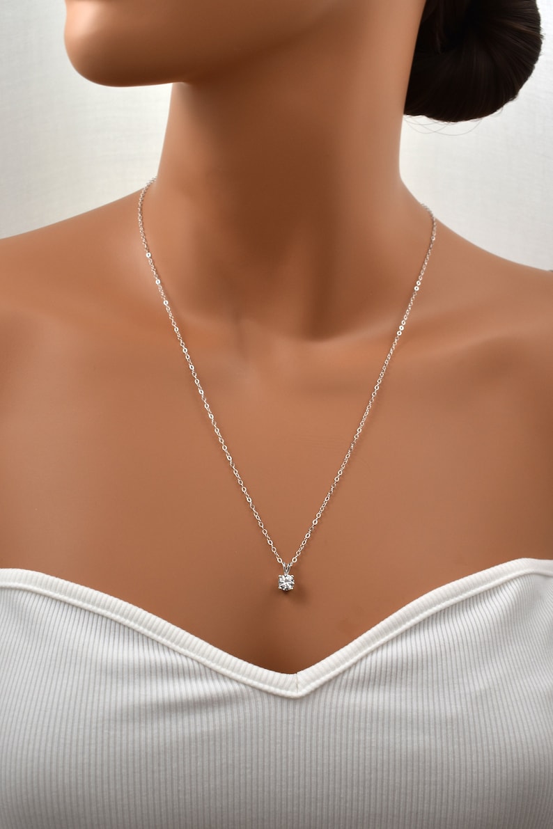 Sterling Silver Cubic Zirconia Pendant Necklace. Small Simulated Diamond. Round Cut, Faceted Zirconia Gemstone. Simple, Elegant Necklace. image 2