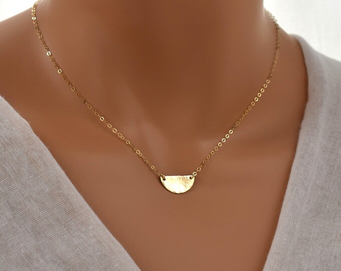 Gold Half Circle Pendant Necklace. Moon Phases Half Moon Charm. Dainty